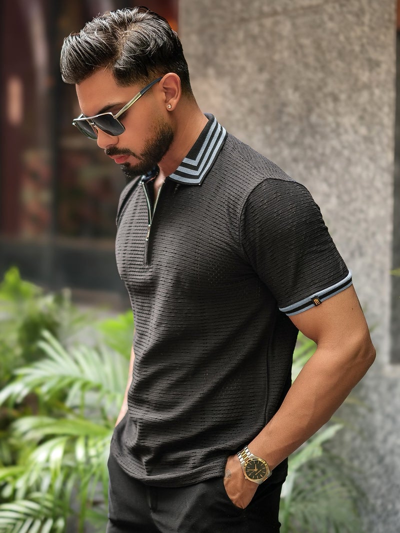 Maniac Mens textured half zipper polo neck half sleeve black and light grey cotton polo t-shirt - Image 2